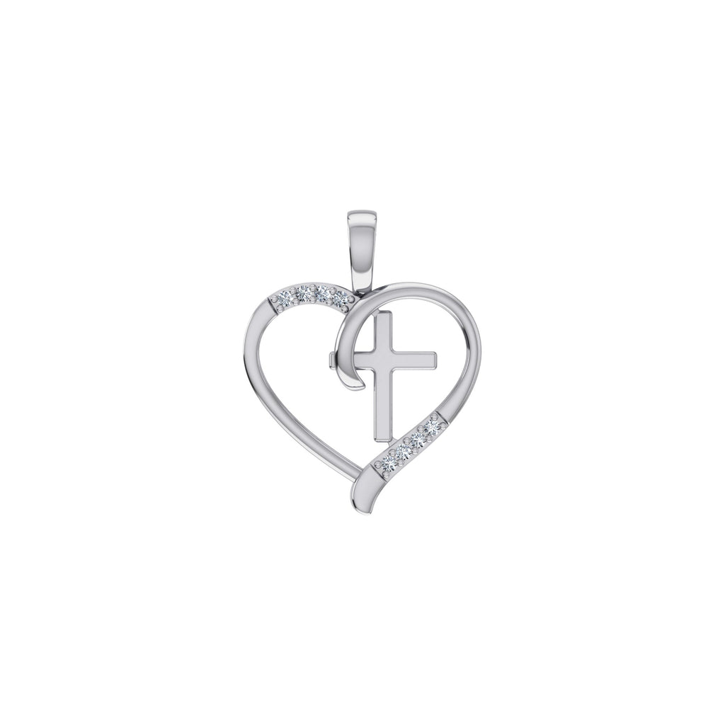 10K White Gold Round Diamond Heart with Cross Pendant 1/25 Cttw
