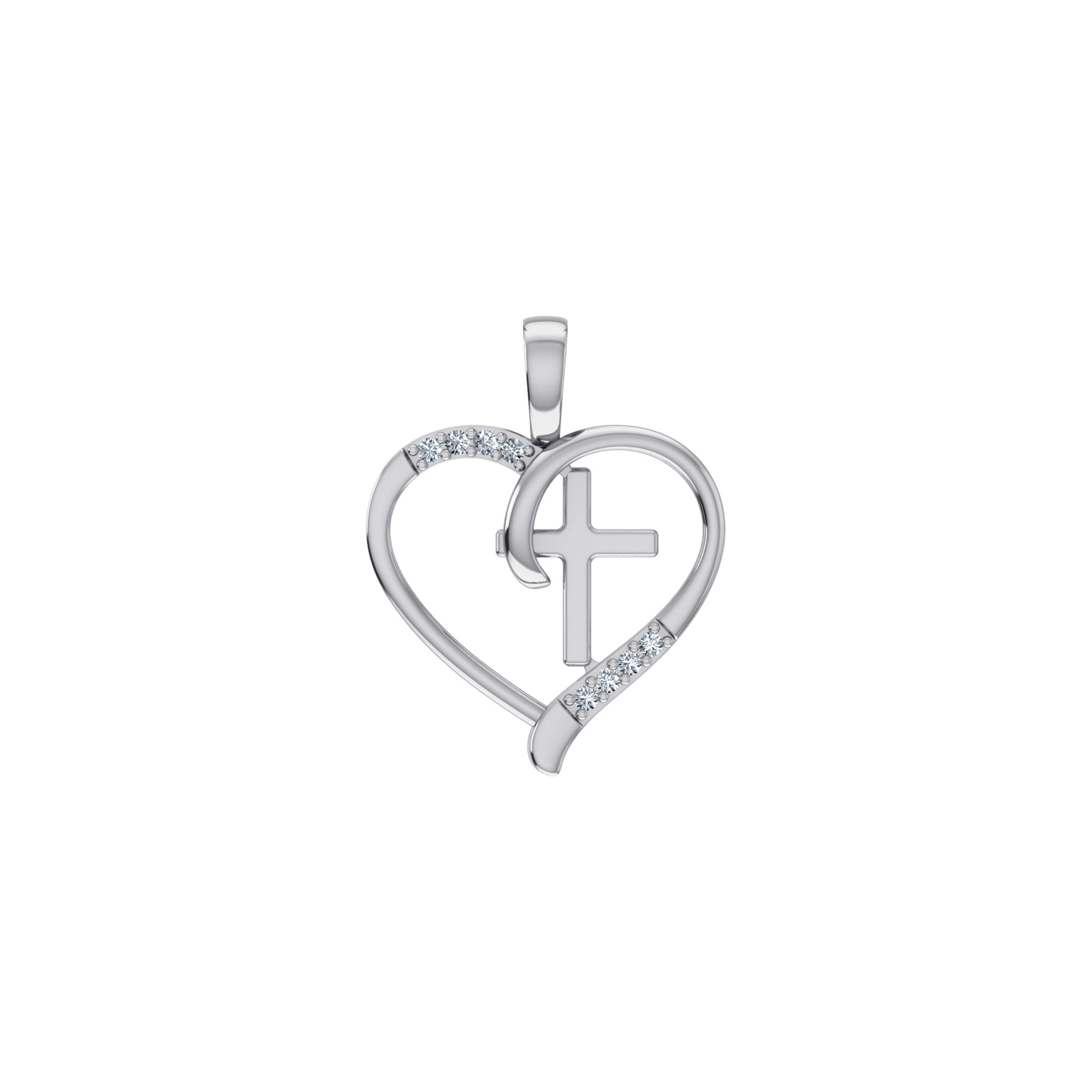 10K White Gold Round Diamond Heart with Cross Pendant 1/25 Cttw