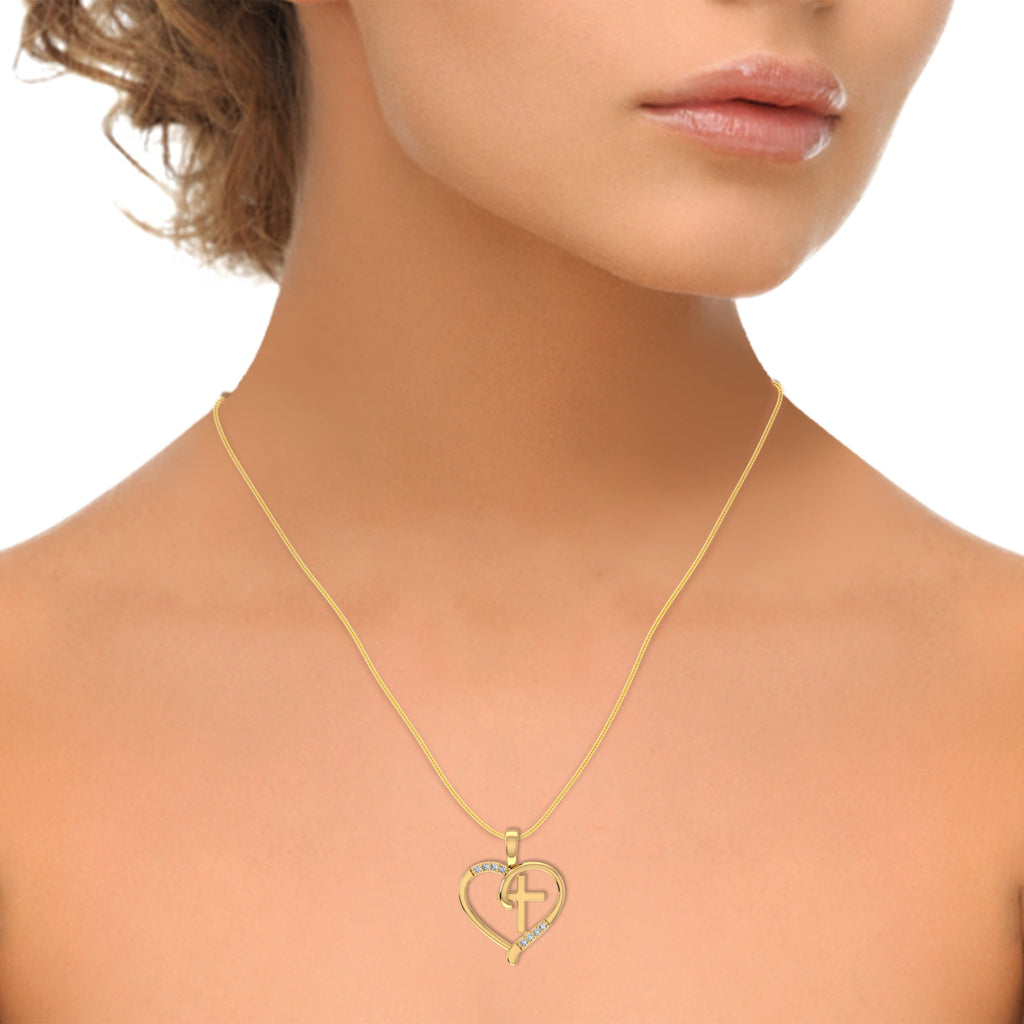 10K Yellow Gold Round Diamond Heart with Cross Pendant 1/25 Cttw