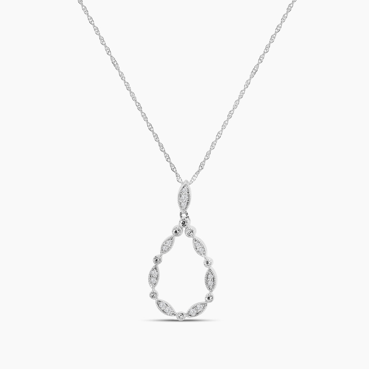 14KY 0.10 Ctw Diamond Marquise and Dot with Milgrain Pear Shape Pendant with Chain