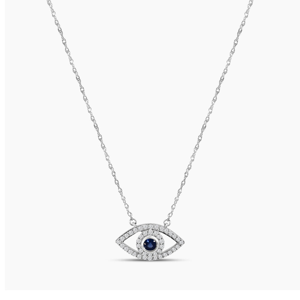 Classic 4 Prong 0.20 Ctw Diamond Evil Eye Necklace with Blue Sapphire 0.15 Ctw with Chain