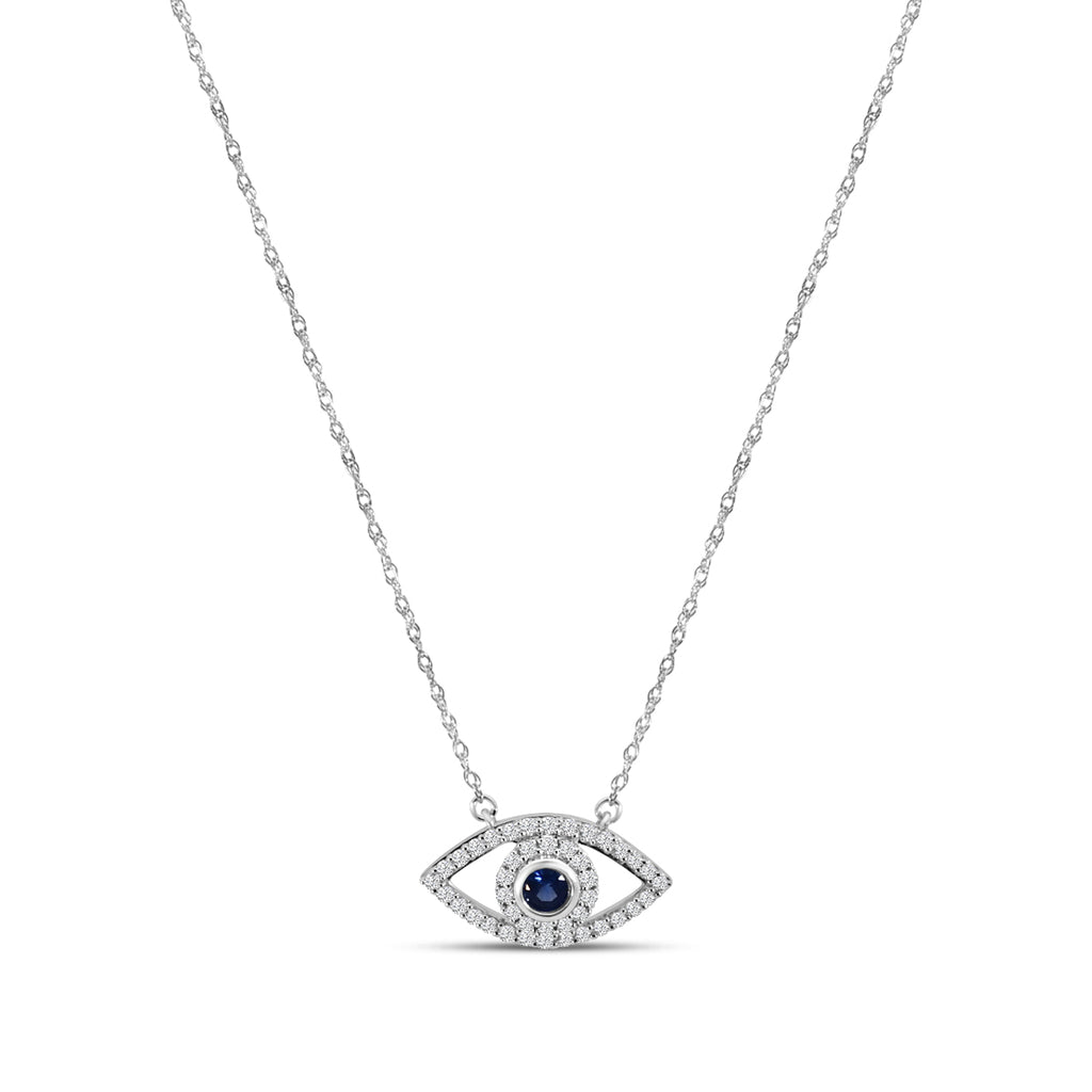 Classic 4 Prong 0.20 Ctw Diamond Evil Eye Necklace with Blue Sapphire 0.15 Ctw with Chain