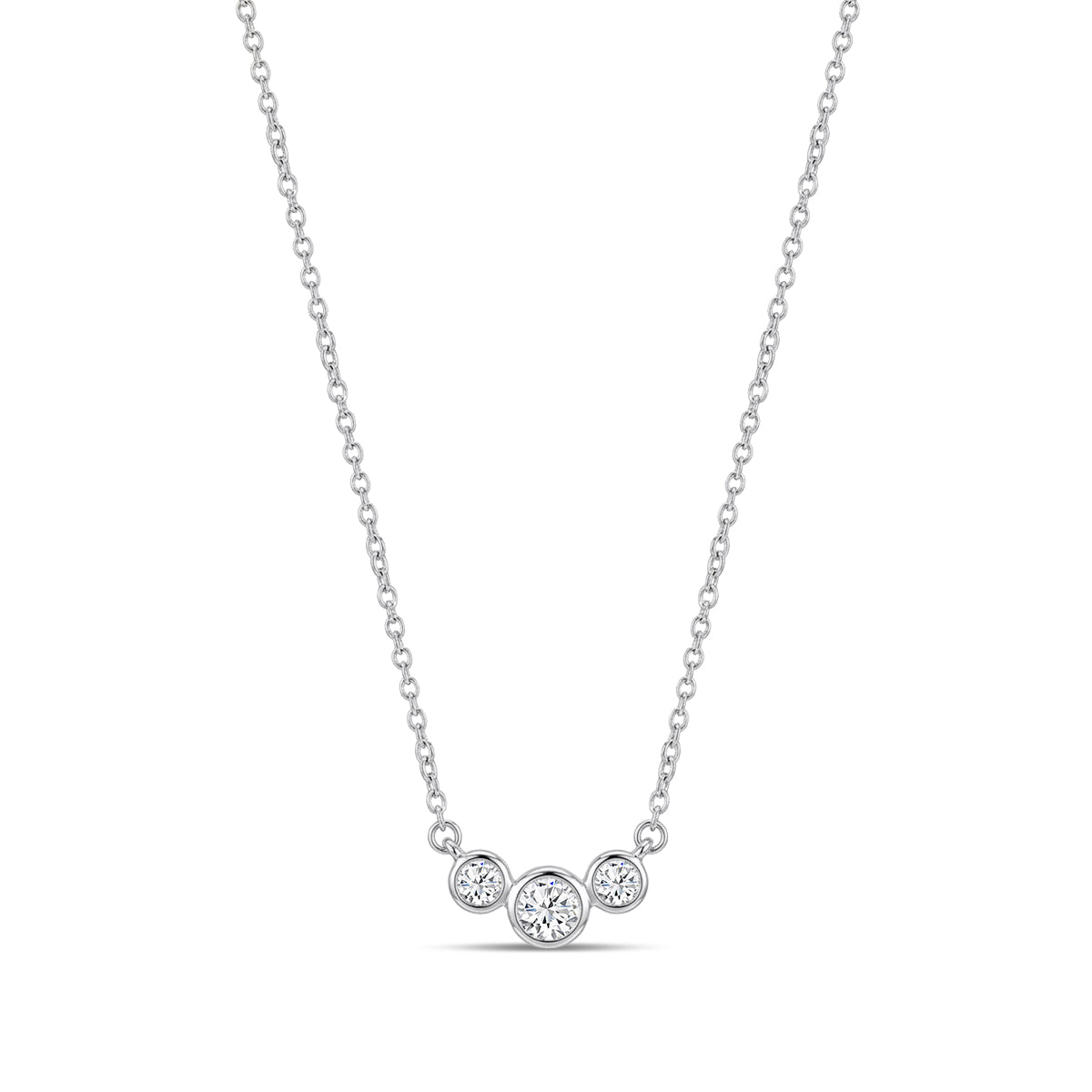 10KW 0.20 Ctw Three Stone Bezel set Diamond Pendant with Chain