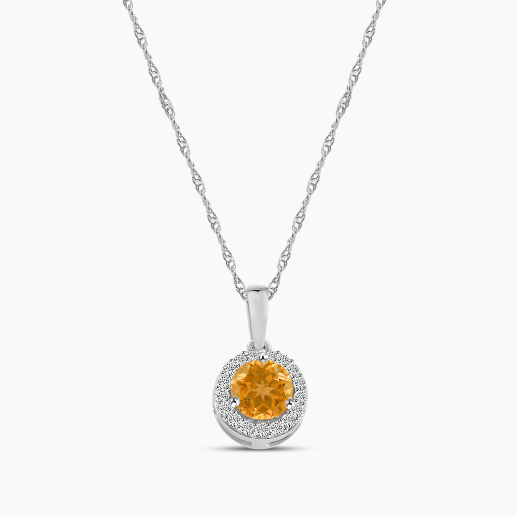 14KW 0.09 Ctw Halo Diamond and Round Citrine Pendant with Chain