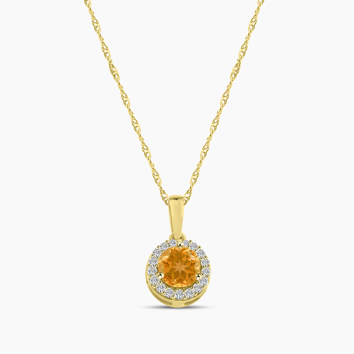 14KW 0.09 Ctw Halo Diamond and Round Citrine Pendant with Chain