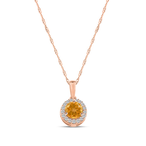 0.09 Ctw Halo Diamond and Round Citrine Pendant with Chain
