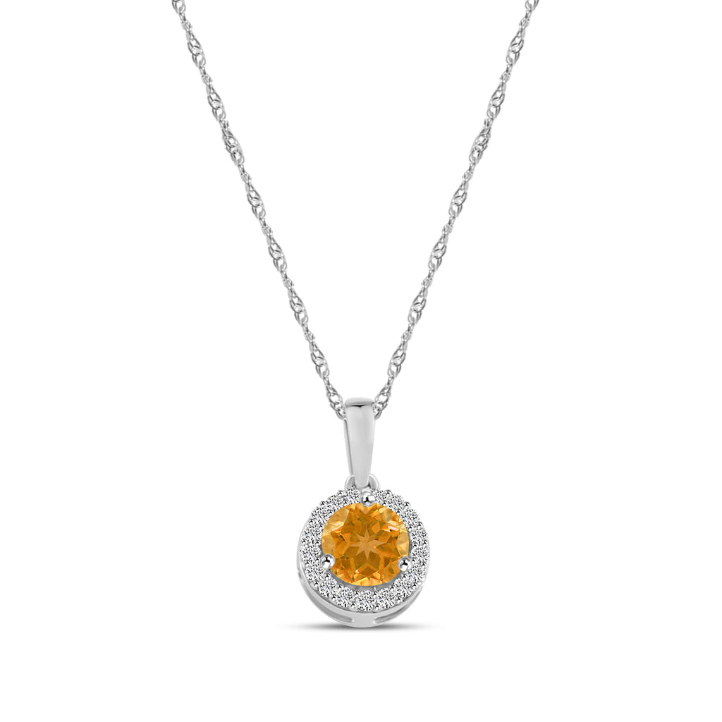 14KW 0.09 Ctw Halo Diamond and Round Citrine Pendant with Chain