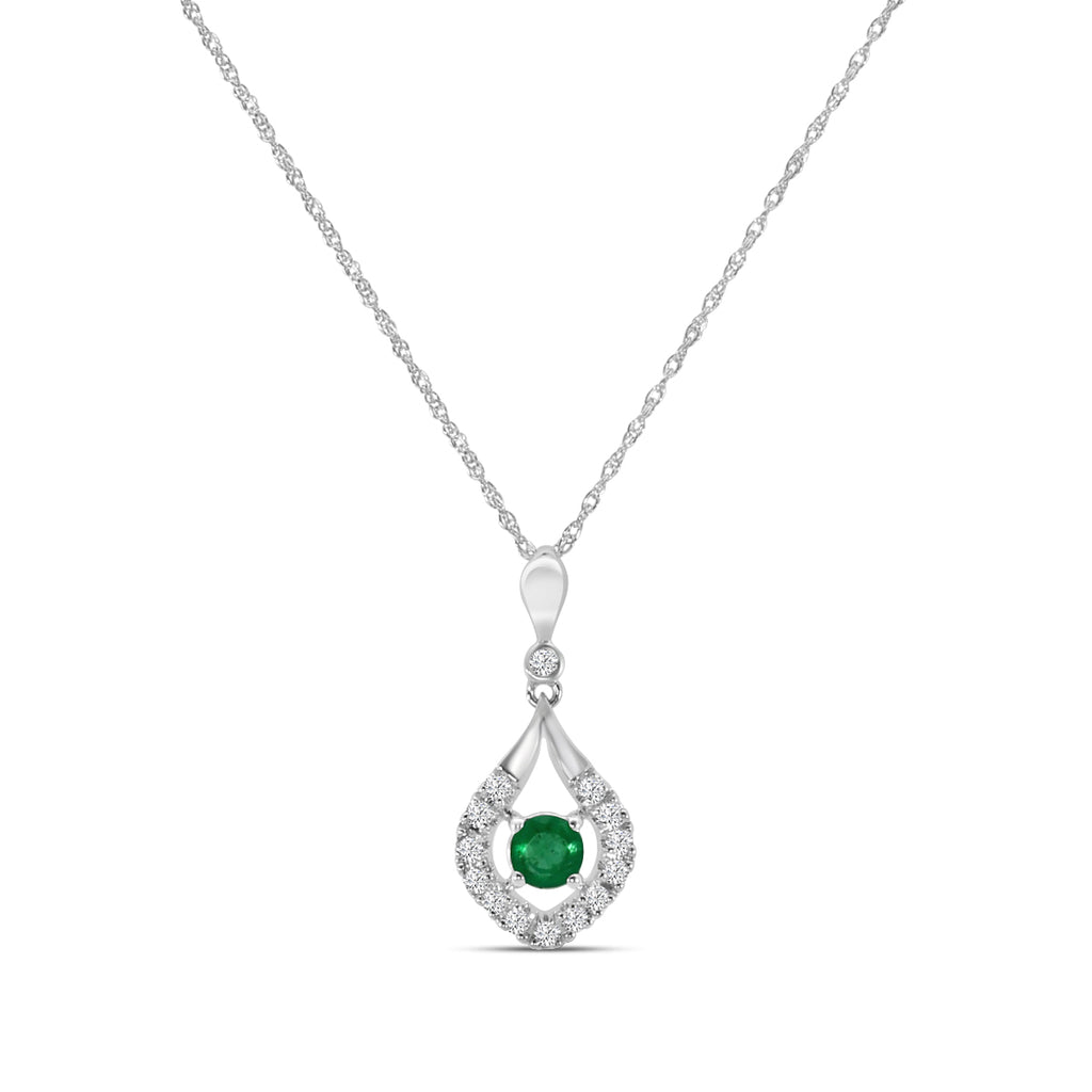 Classic 4 Prong 0.13 Ctw Diamond Fashion Pendant with Center Emerald 0.18 Ctw with Chain