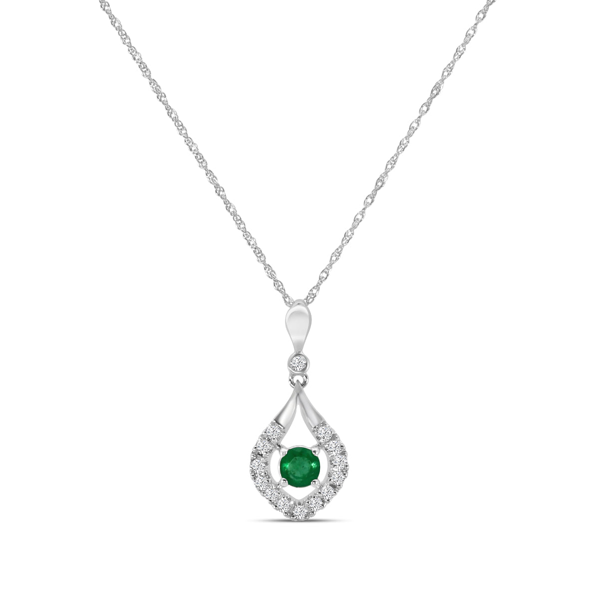 Classic 4 Prong 0.13 Ctw Diamond Fashion Pendant with Center Emerald 0.18 Ctw with Chain