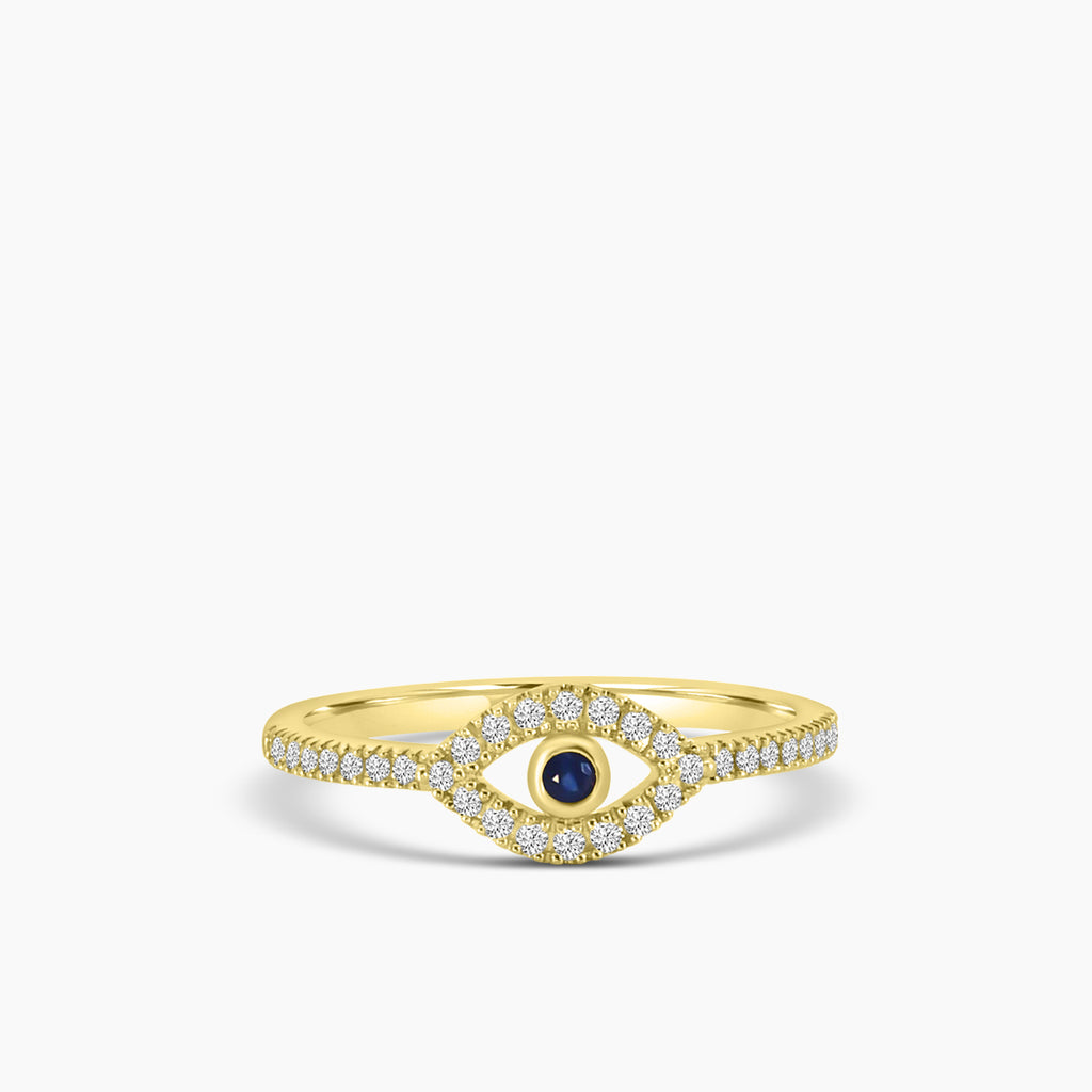 14KY Classic 4 Prong 0.16 Ctw Diamond Evil Eye Ring with Center Sapphire 0.03 Ctw