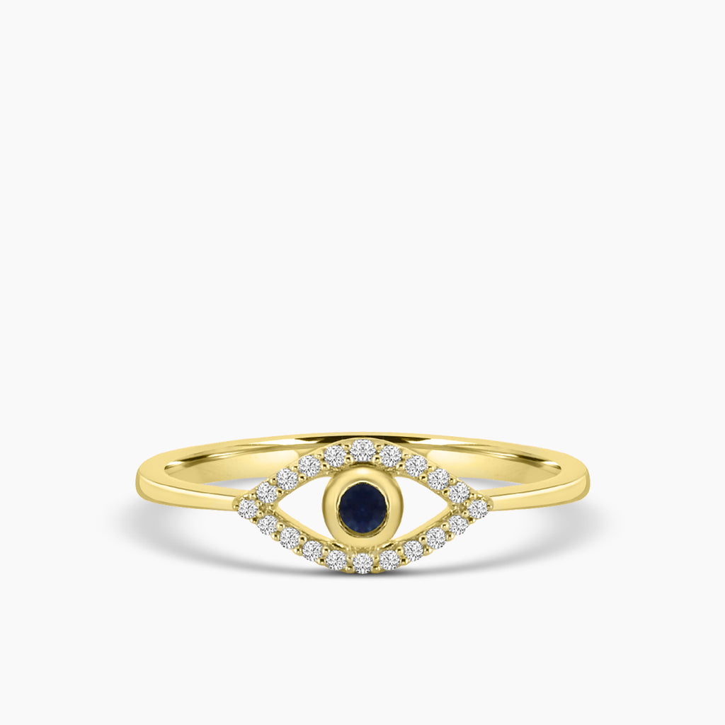 Classic 4 Prong 0.10 Ctw Diamond Evil Eye Ring with Center Sapphire 0.11 Ctw