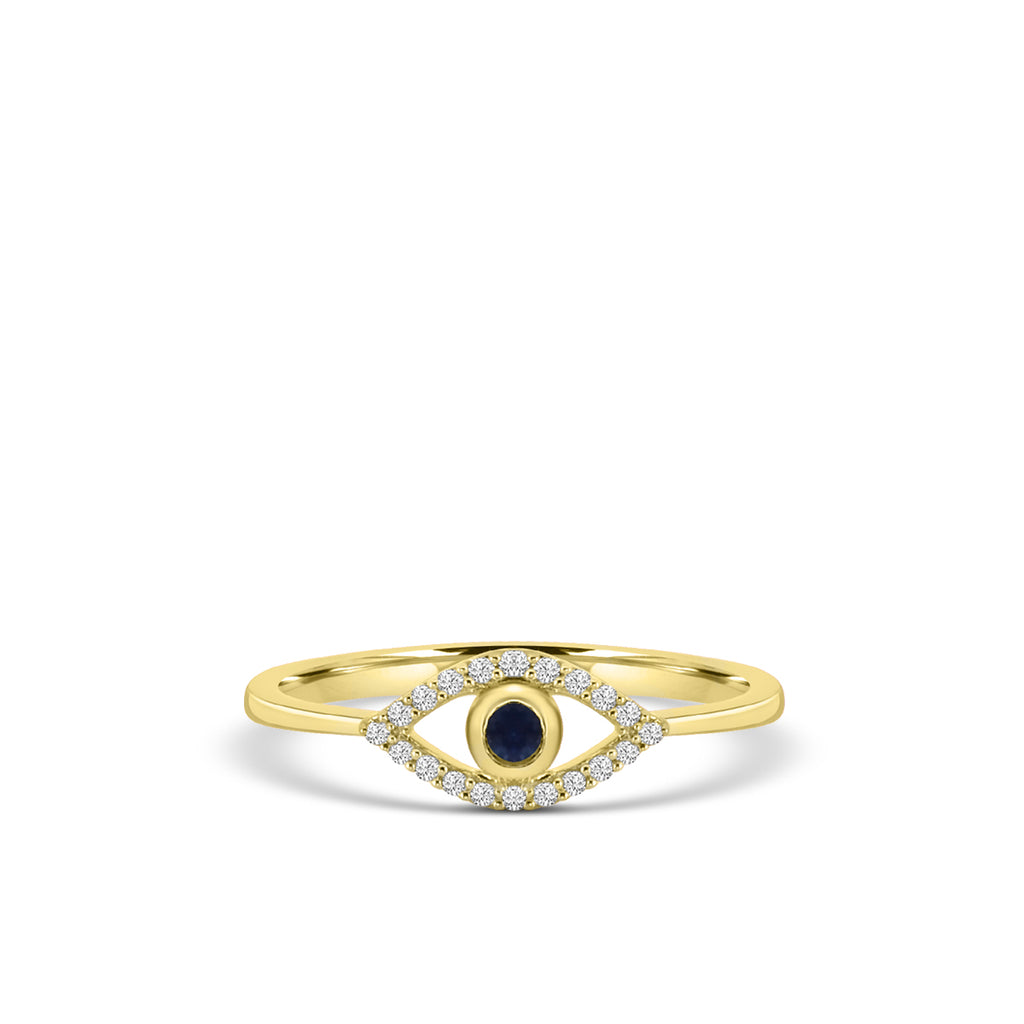 14KY Classic 4 Prong 0.10 Ctw Diamond Evil Eye Ring with Center Sapphire 0.11 Ctw