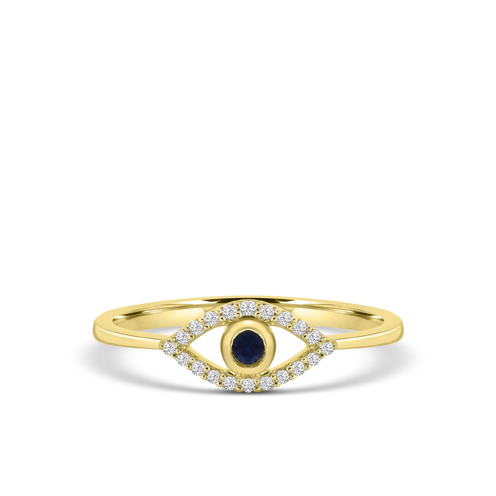 Classic 4 Prong 0.10 Ctw Diamond Evil Eye Ring with Center Sapphire 0.11 Ctw