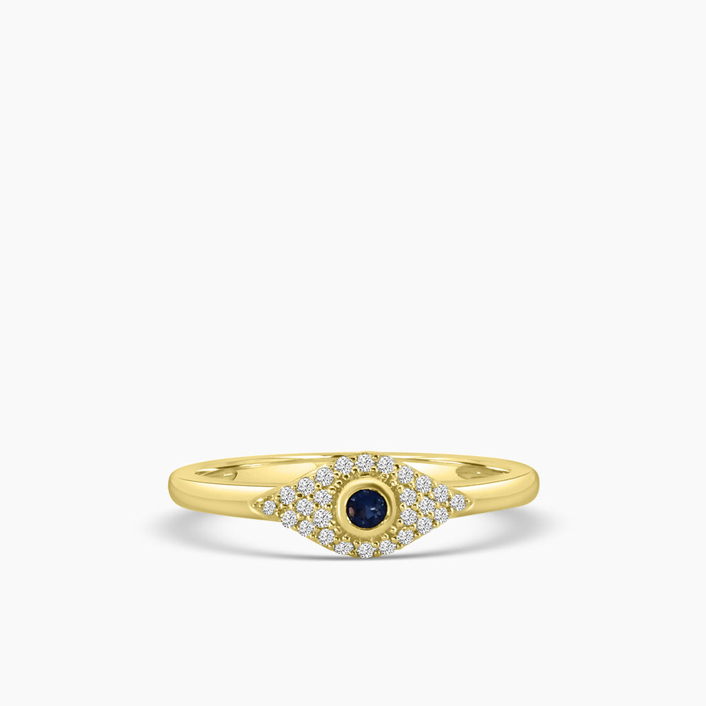 14KY Classic 4 Prong 0.13 Ctw Diamond Evil Eye Ring with Center Sapphire 0.05 Ctw