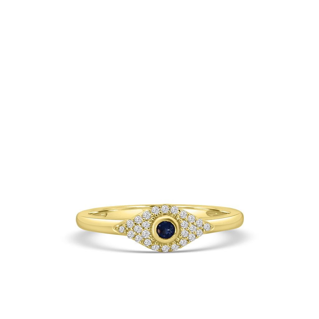 14KY Classic 4 Prong 0.13 Ctw Diamond Evil Eye Ring with Center Sapphire 0.05 Ctw