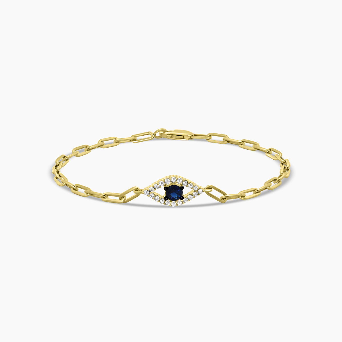 0.25 Ctw Diamond Paper Clip Evileye Bracelet Sapphire Center
