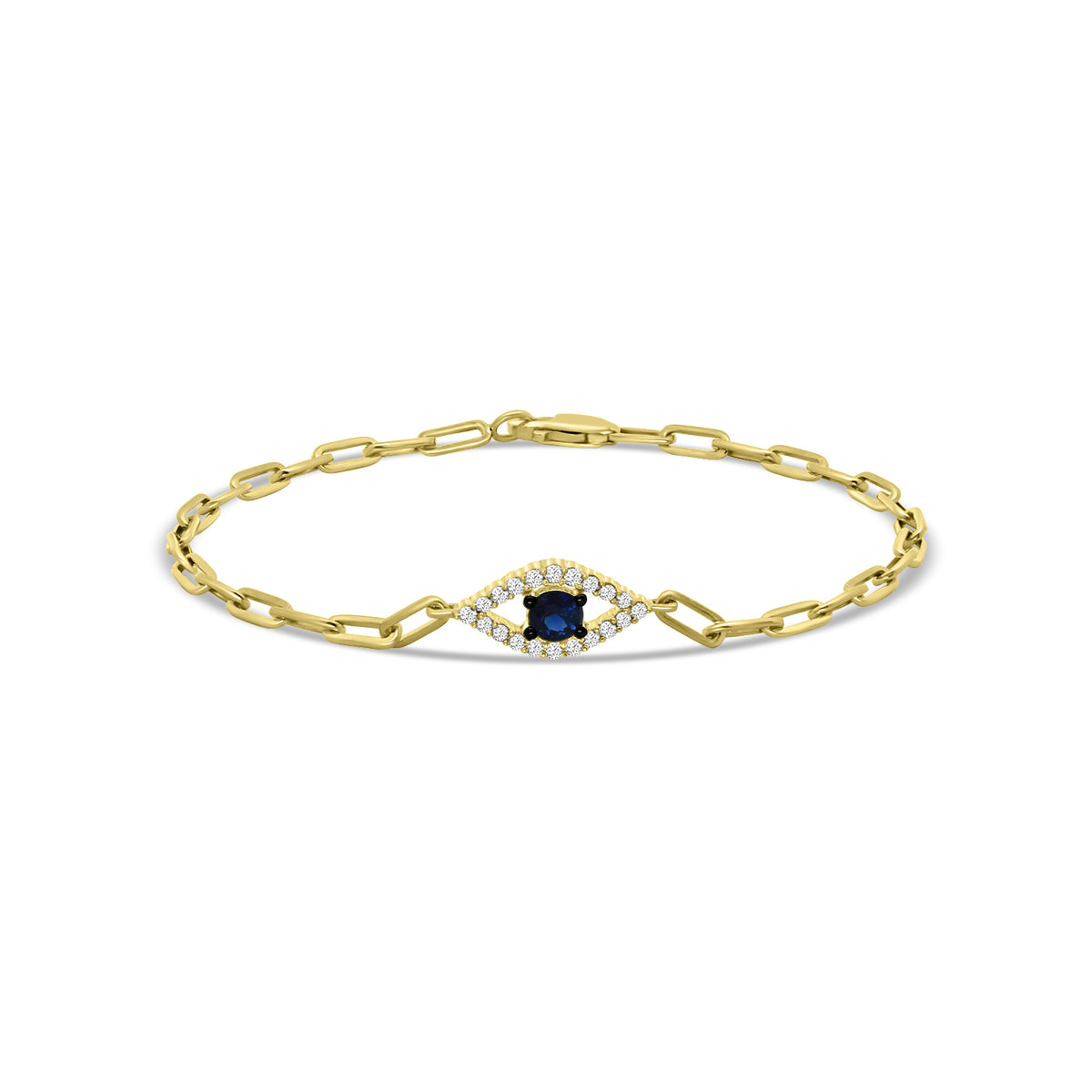 0.25 Ctw Diamond Paper Clip Evileye Bracelet Sapphire Center