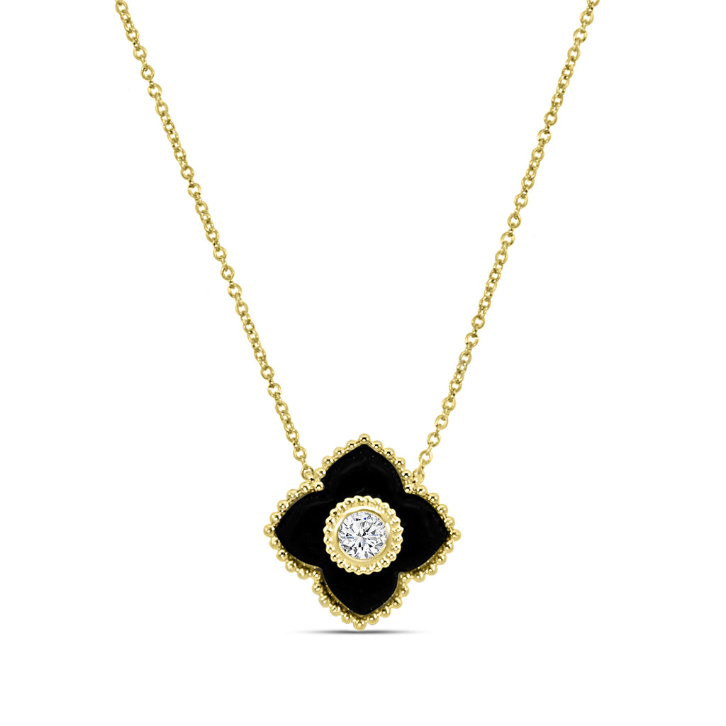 Classic Bezel Set Solitaire 0.20 Ctw Diamond and Onyx Pendant with Chain