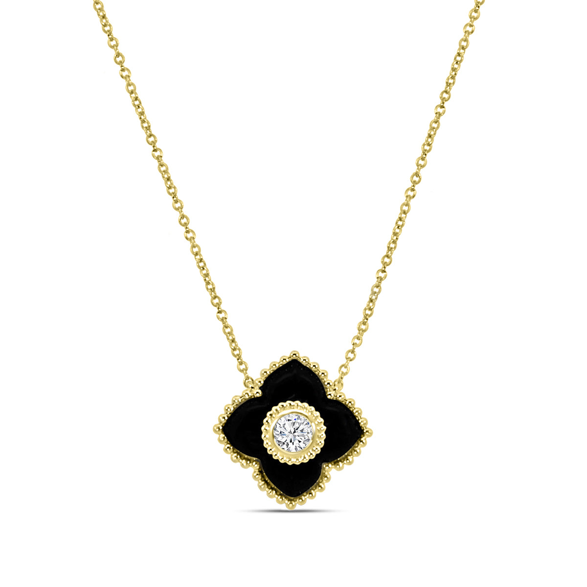 Classic Bezel Set Solitaire 0.20 Ctw Diamond and Onyx Pendant with Chain