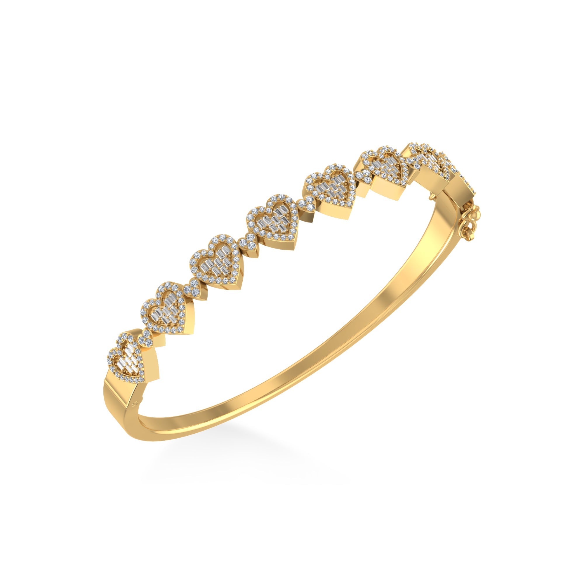 10K Yellow Gold Round Baguette Diamond Heart Designer Bangle Bracelet 1 Cttw crafted in yellow gold with round brilliant diamonds