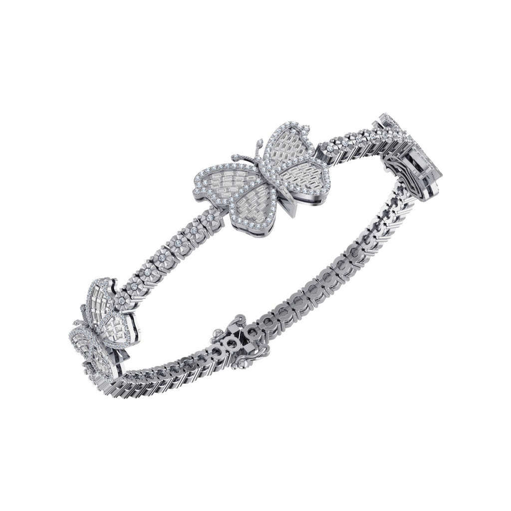 10K White Gold Round Baguette Diamond Butterfly Designer 7 Inch Bracelet 1-3/8 Cttw