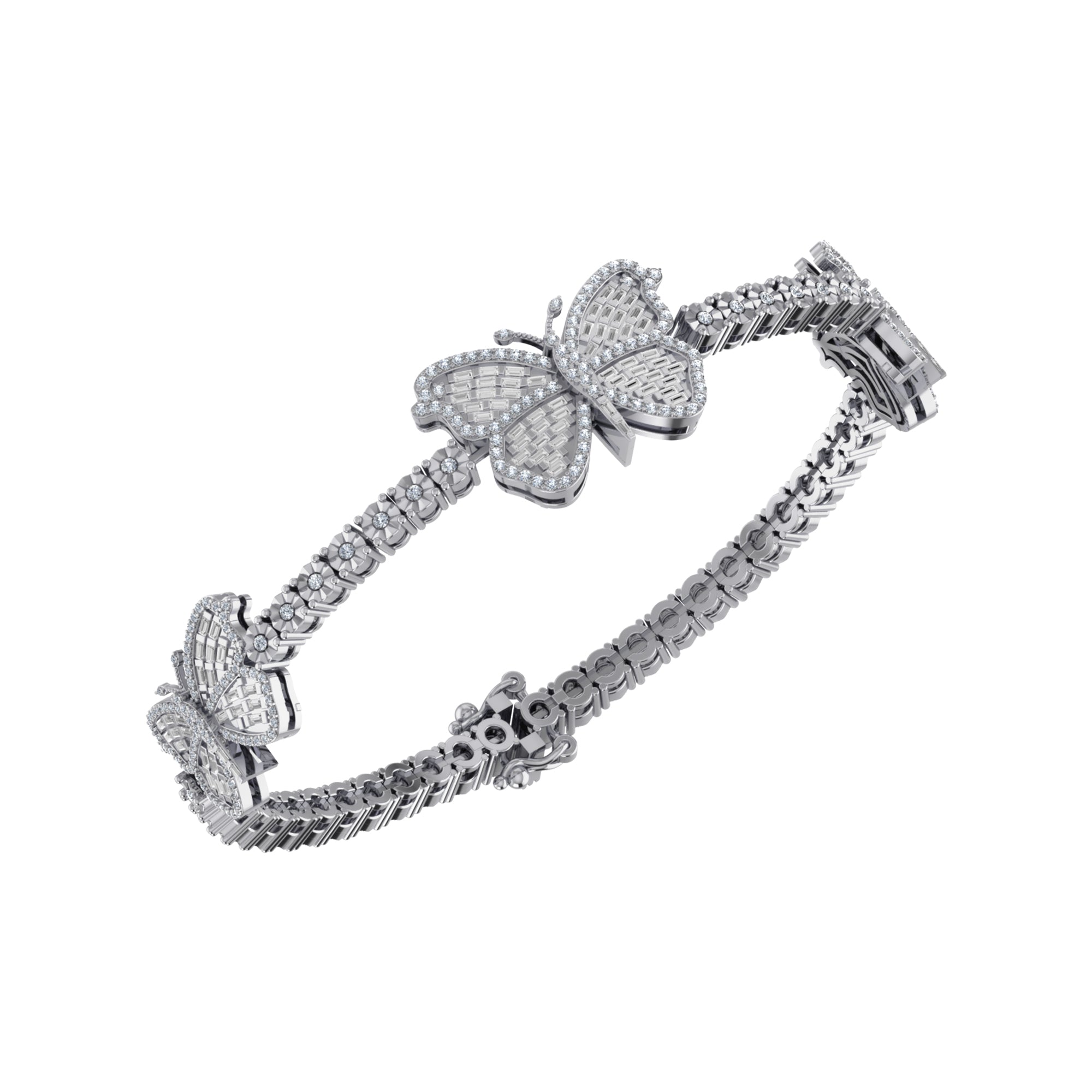 10K White Gold Round Baguette Diamond Butterfly Designer 7 Inch Bracelet 1-3/8 Cttw