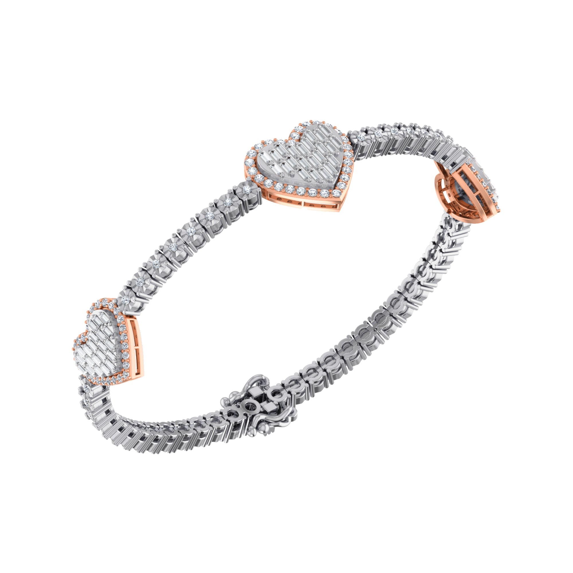 10K Rose White Two Tone Round Baguette Diamond Heart Designer 7 Inch Bracelet 1-3/8 Cttw crafted in 14K gold with round brilliant diamonds