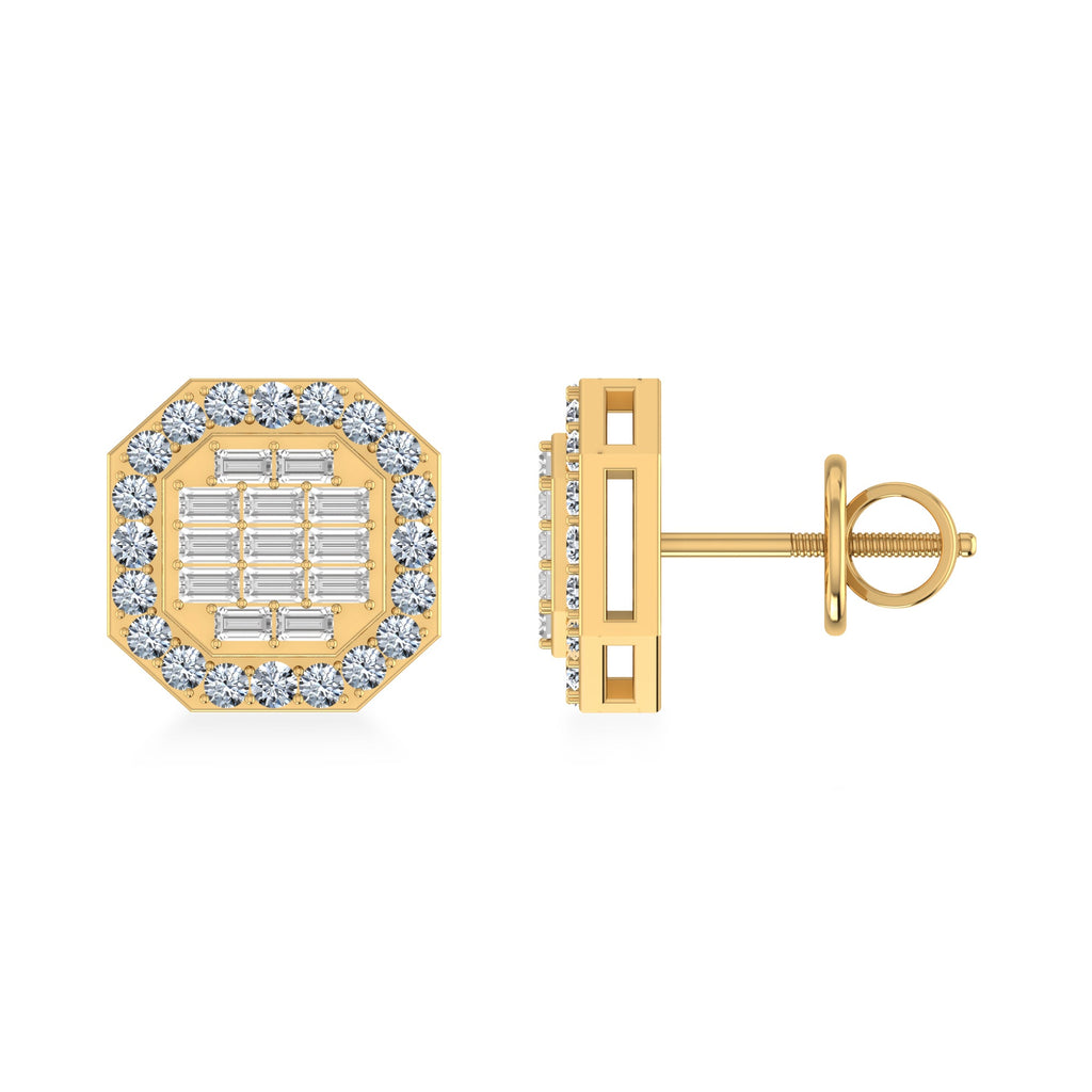 14K Yellow Gold Round Baguette Diamond Designer Stud Earrings 1/2 Cttw