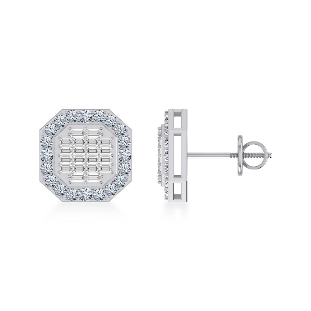 14K White Gold Round Baguette Diamond Designer Stud Earrings 7/8 Cttw