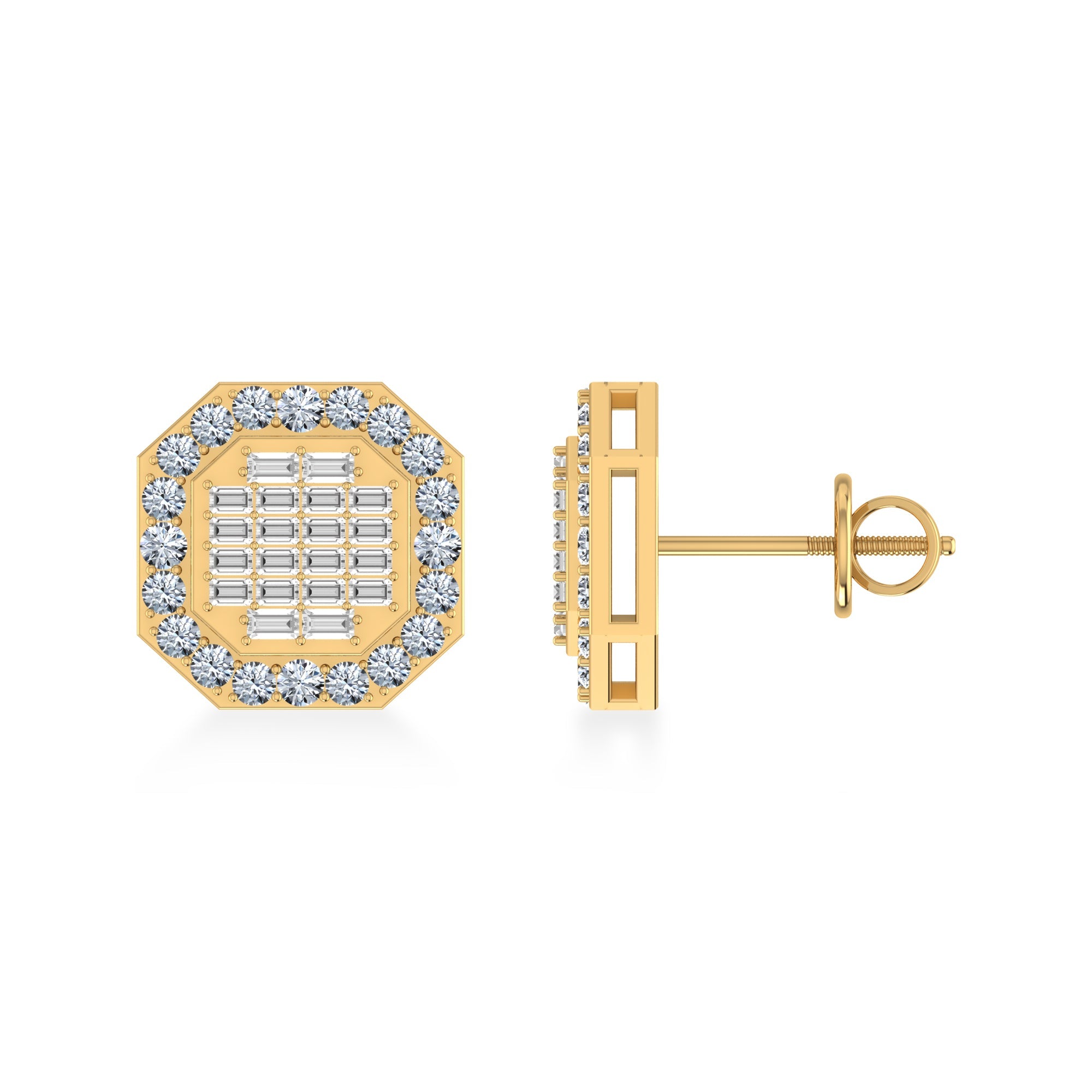 14K Yellow Gold Round Baguette Diamond Designer Stud Earrings 7/8 Cttw