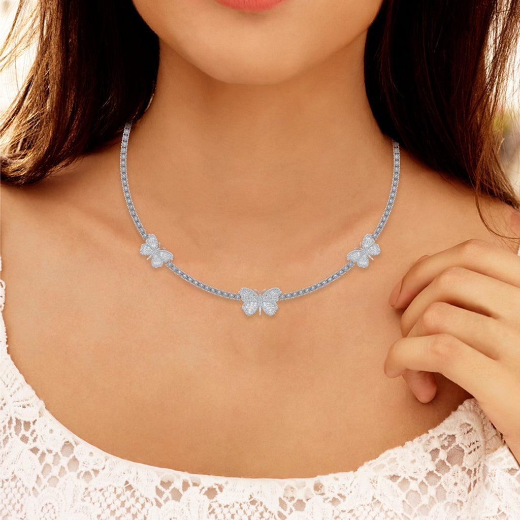 10K White Gold Round Baguette Diamond Butterfly Designer 18 Inch Necklace 1-7/8 Cttw