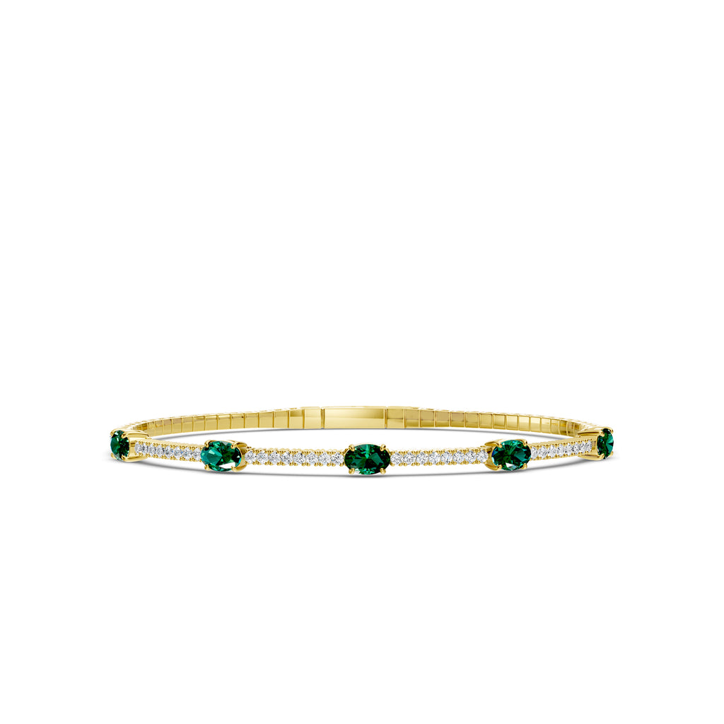 14KY Classic 4 Prong 0.68 Ctw Flex Diamond Bangle Bracelet with Oval 7X5 Emerald