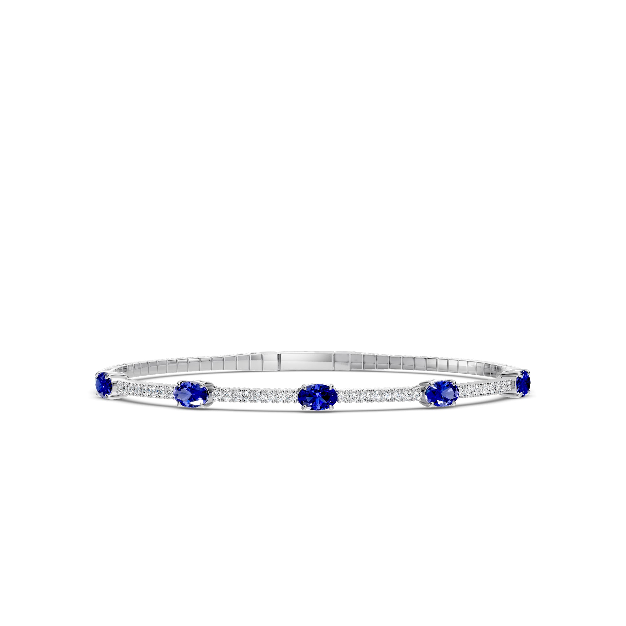 14KW Classic 4 Prong 0.68 Ctw Flex Diamond Bangle Bracelet with Oval 7X5 Sapphire