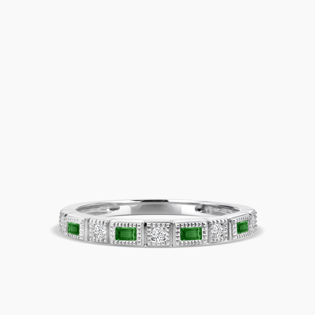 0.07 Ctw Squared and Baguette Bezel with Miligrain Diamond Band with Alt Emerald