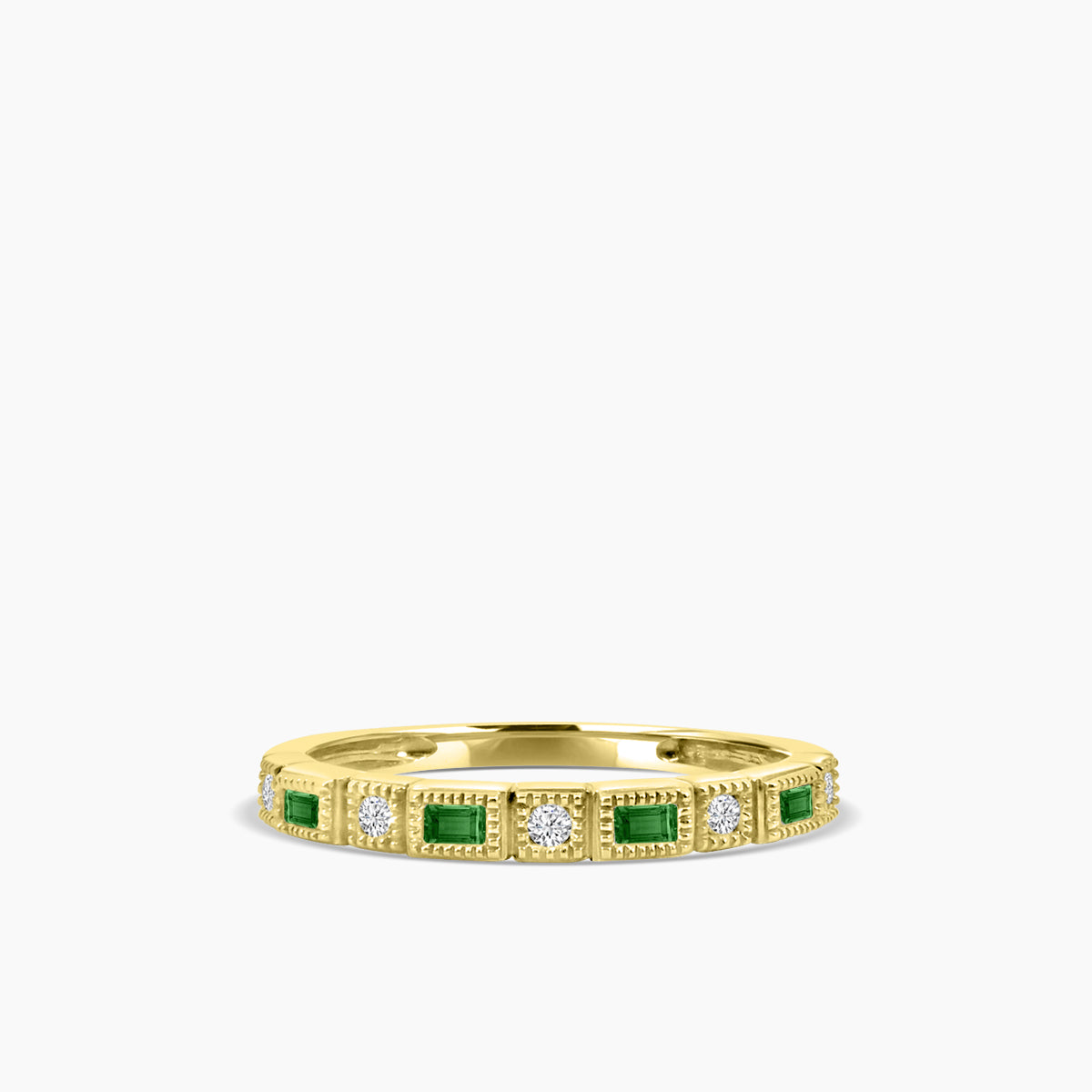 10KW 0.07 Ctw Squared and Baguette Bezel with Miligrain Diamond Band with Alt Emerald