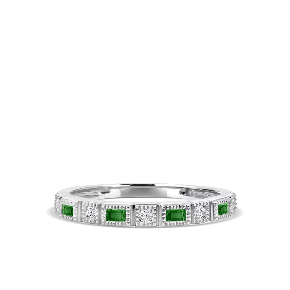 0.07 Ctw Squared and Baguette Bezel with Miligrain Diamond Band with Alt Emerald