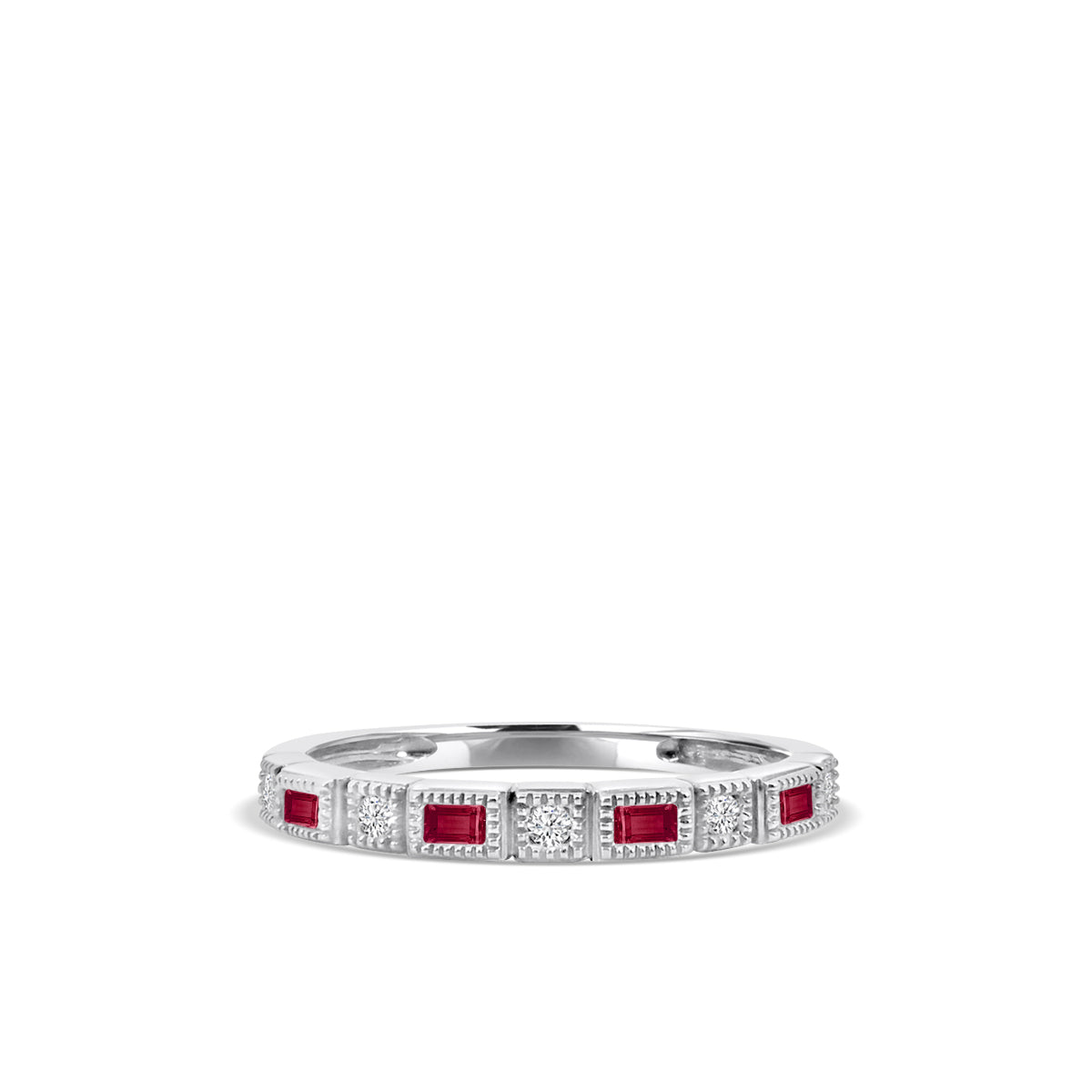 10KW 0.07 Ctw Squared and Baguette Bezel with Miligrain Diamond Band with Alt Ruby