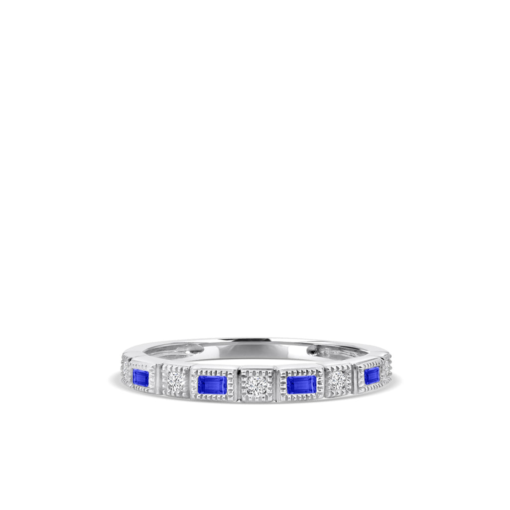 10KW 0.07 Ctw Squared and Baguette Bezel with Miligrain Diamond Band with Alt Sapphire
