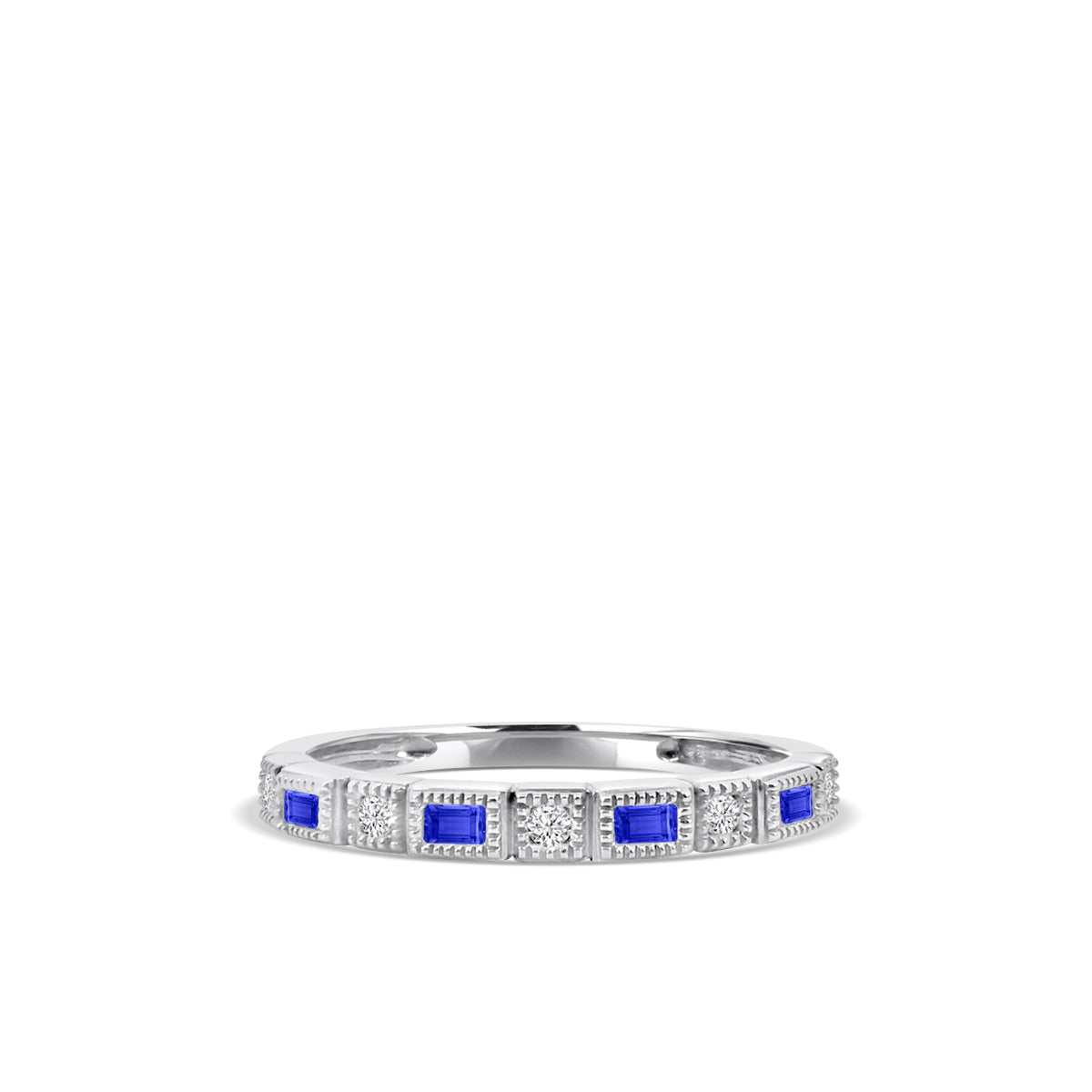 10KW 0.07 Ctw Squared and Baguette Bezel with Miligrain Diamond Band with Alt Sapphire